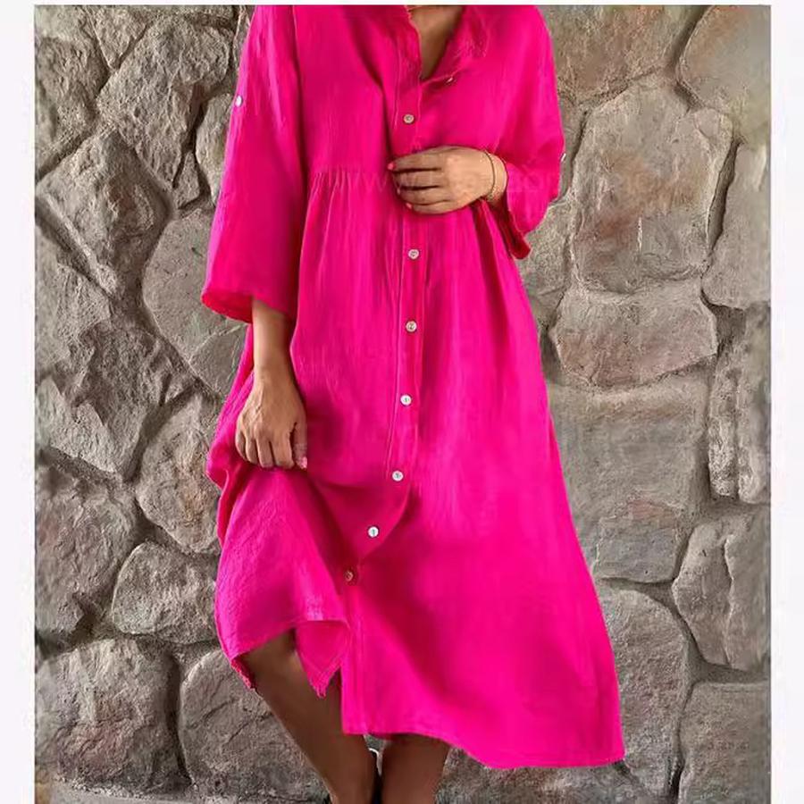 Women's New Cotton Linen Solid Color Button Long Dress