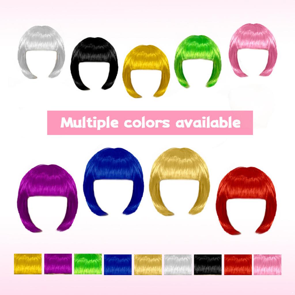 Short Straight Bob Hairpiece for Women Blunt Cut Bangs Cosplay Wig Halloween Themed Party Daily Use