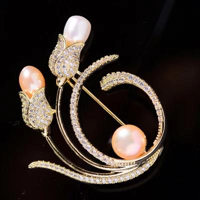 Broche Fleur Perle d'Eau Douce Naturelle Fraîche et Douce Cuivre Zirconium Élégante Zircon Créative Tempérament Épingle