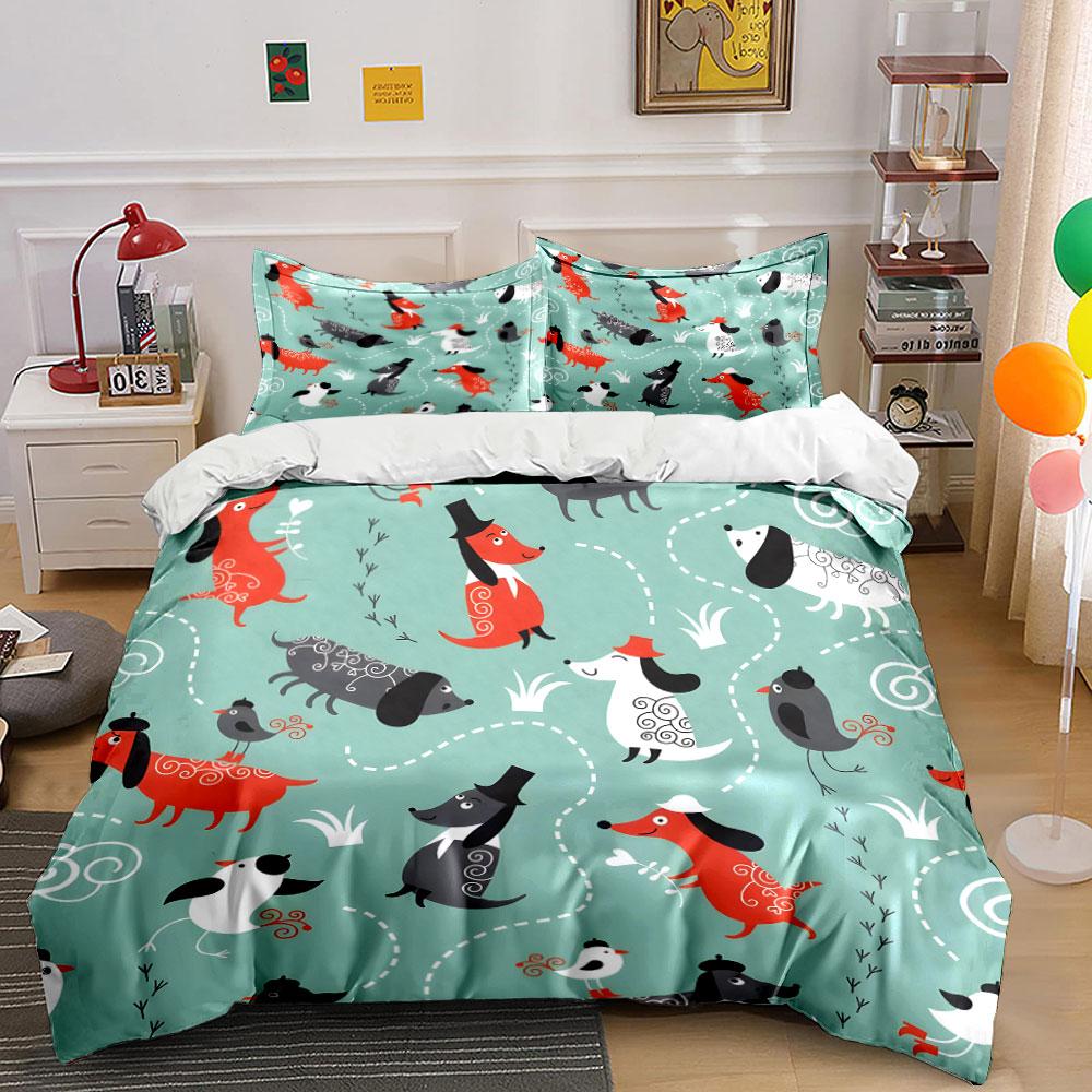 Playful Dogs and Birds Pattern Bedding Duvet Cover Set (1*Duvet Cover 2*Pillowcases, without duvet insert)