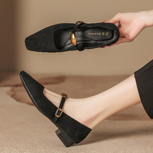 Vintage Mary Jane Shoes Women Soft Sole Low Heel Square Toe Suede Flats Breathable Non-Slip Casual