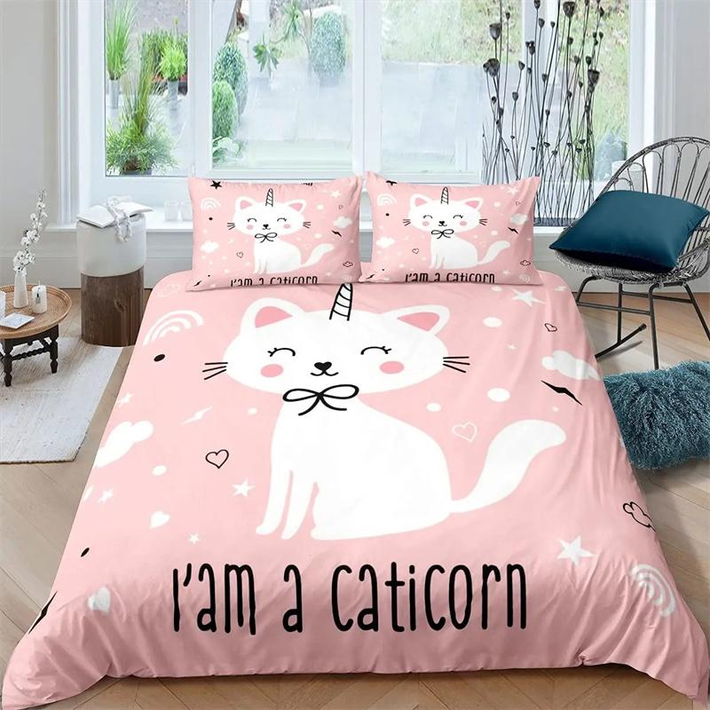 Cute Cat Cartoon Animals Children Girls Gifts for Bedroom Decorations Kawaii Duvet Cover Cartoon Pet Cat Theme Queen King Size