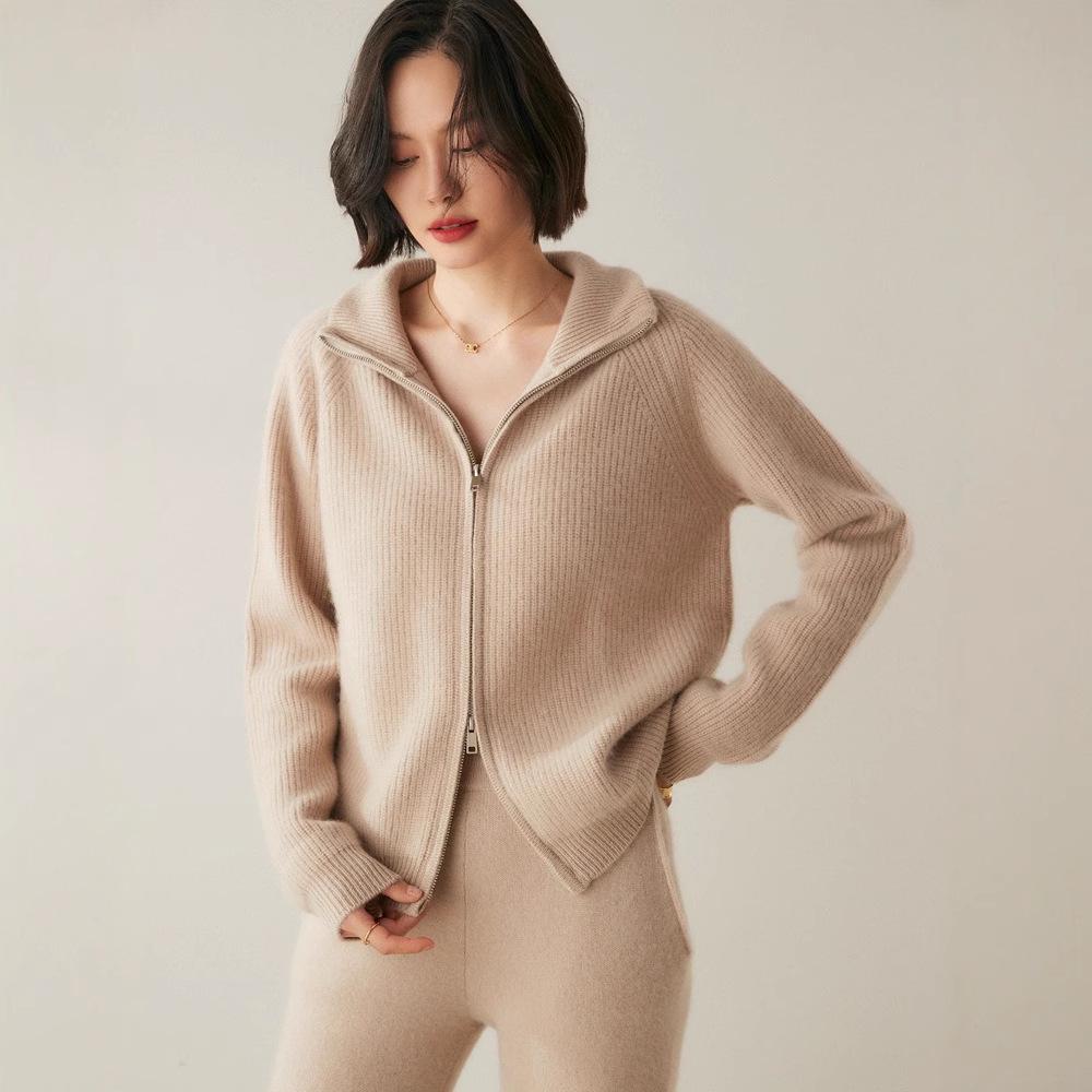 Women's Long Sleeve Cashmere Knit Zipper Cardigan - Cozy Lapel Sweater Outerwear
