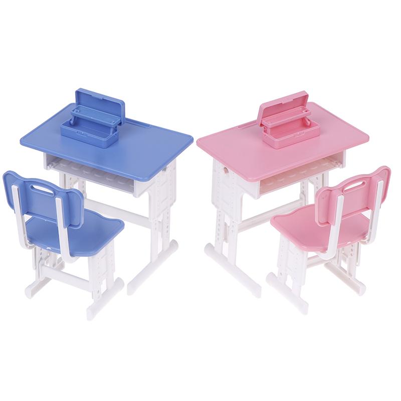 1 Satz Miniatur Puppenhaus Schultisch Stuhl + Stiftebox Rollenspiel Schreibwarenmodell für Puppenzubehör Spielzeug