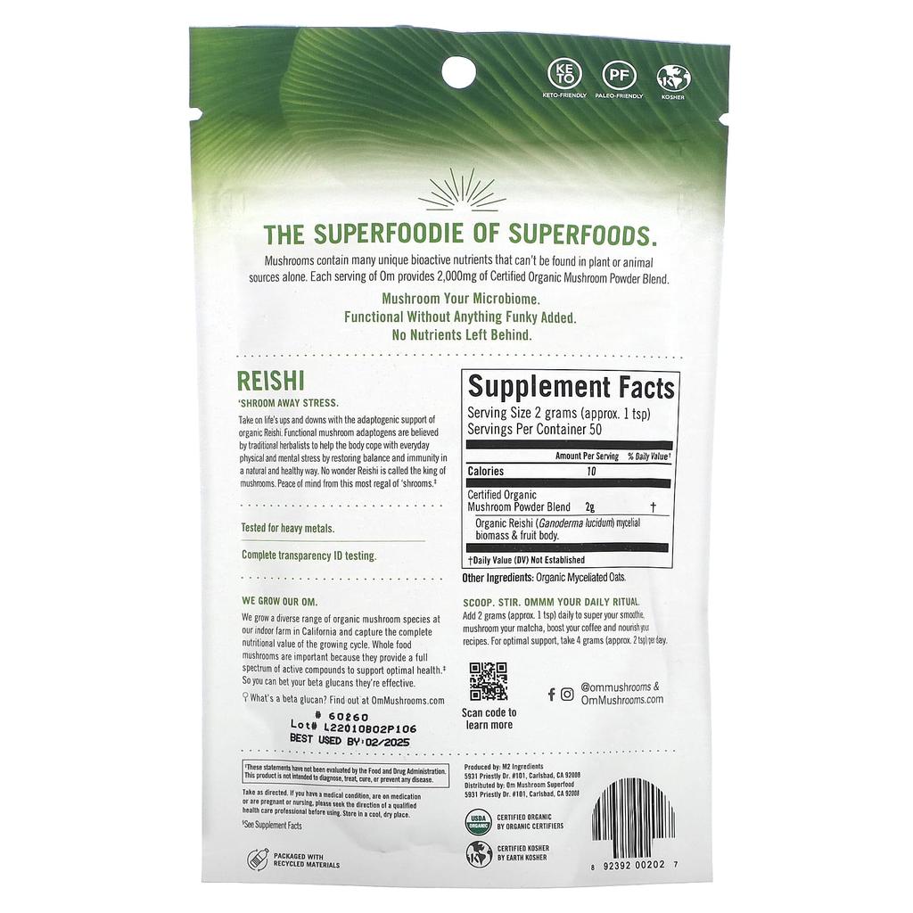 Om Mushrooms, Reishi Mushrooms, 100% Certified Organic Mushroom Powder, 3.5 Oz (100 G)