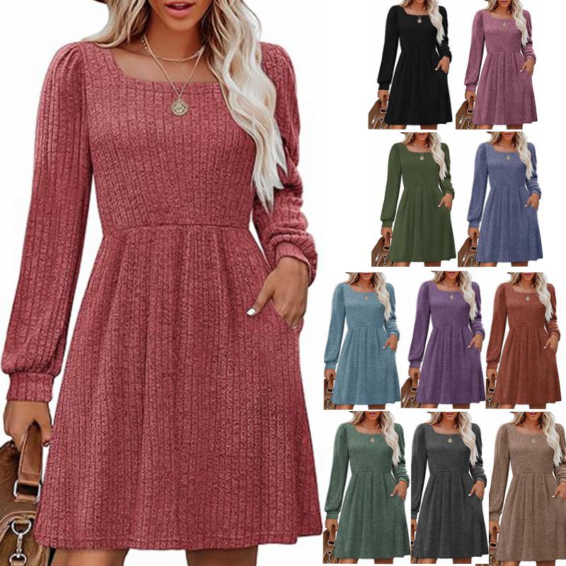 2025 Women's Square Neck Pocket Knit Sweater Dress - Long Sleeve Casual Fashion