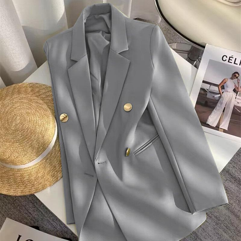 Women Long Sleeve Blazer Jacket Lapel Double Breasted Gold Button Loose Fit Office Casual Suit Outerwear Coat