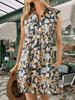 Women's Boho Floral Shirt Dress V Neck Collar Cap Sleeve Loose Dress with Pockets