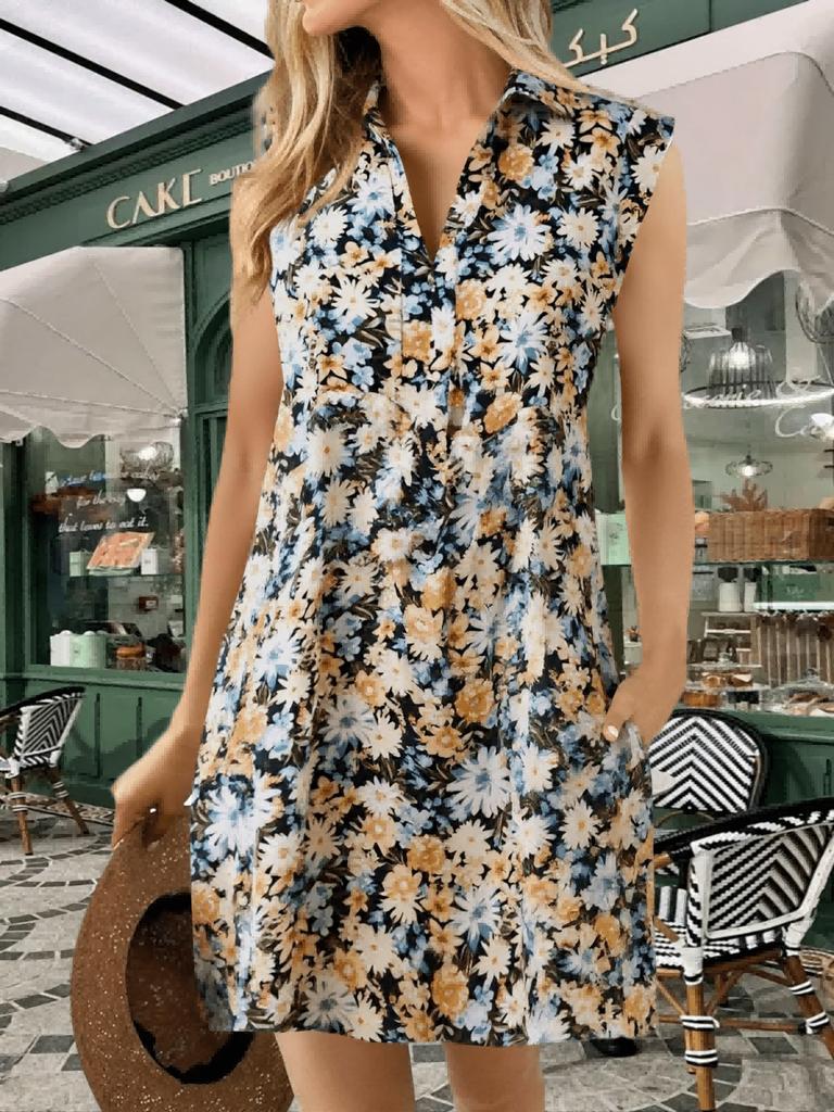 Women's Boho Floral Shirt Dress V Neck Collar Cap Sleeve Loose Dress with Pockets