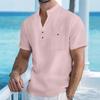 Men's White Linen Blend Henley Neck Short Sleeve Shirt with Chest Pocket