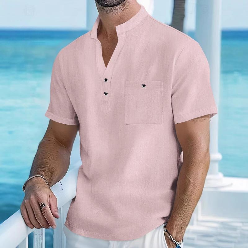 Men's White Linen Blend Henley Neck Short Sleeve Shirt with Chest Pocket