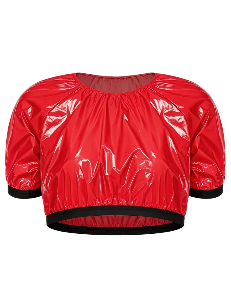 Completo Crop Top Lucido Impermeabile e Pantaloni Capri da Donna Manica Corta Vita Elastica Coulisse sui Lati delle Gambe per Allenamento Festa