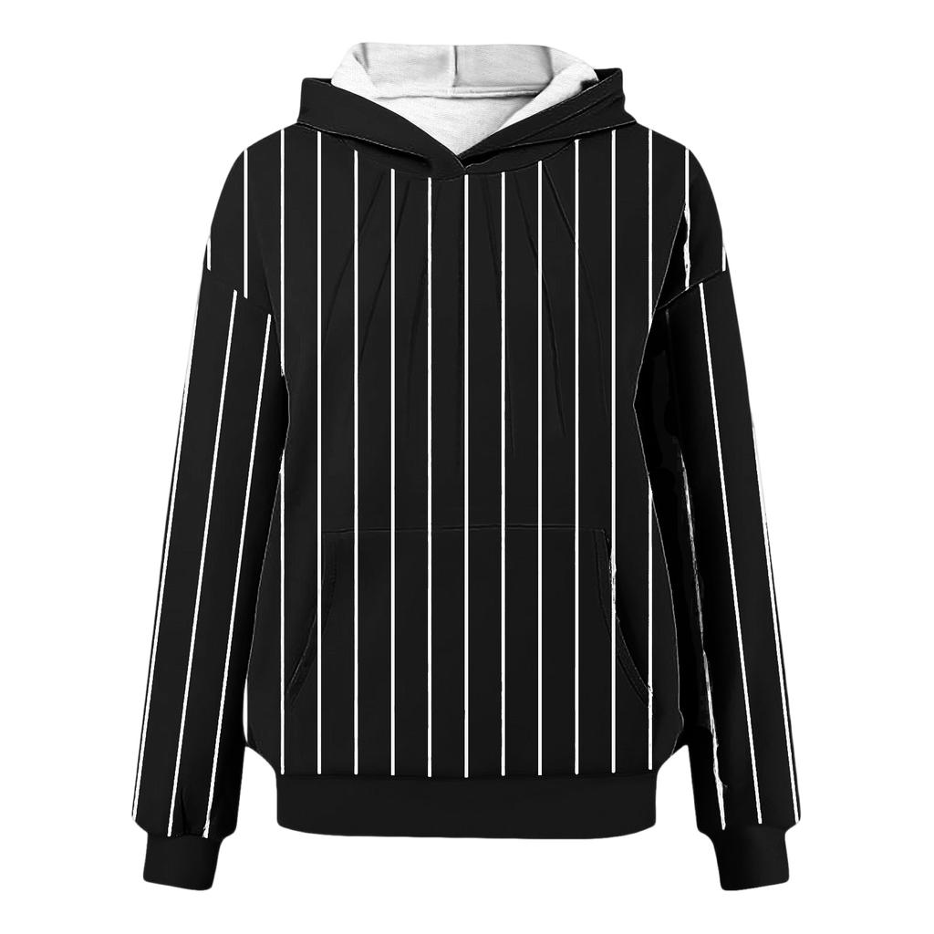 Hanorac cu glugă pentru femei, cu pliuri pe piept și dungi verticale, cu mâneci lungi