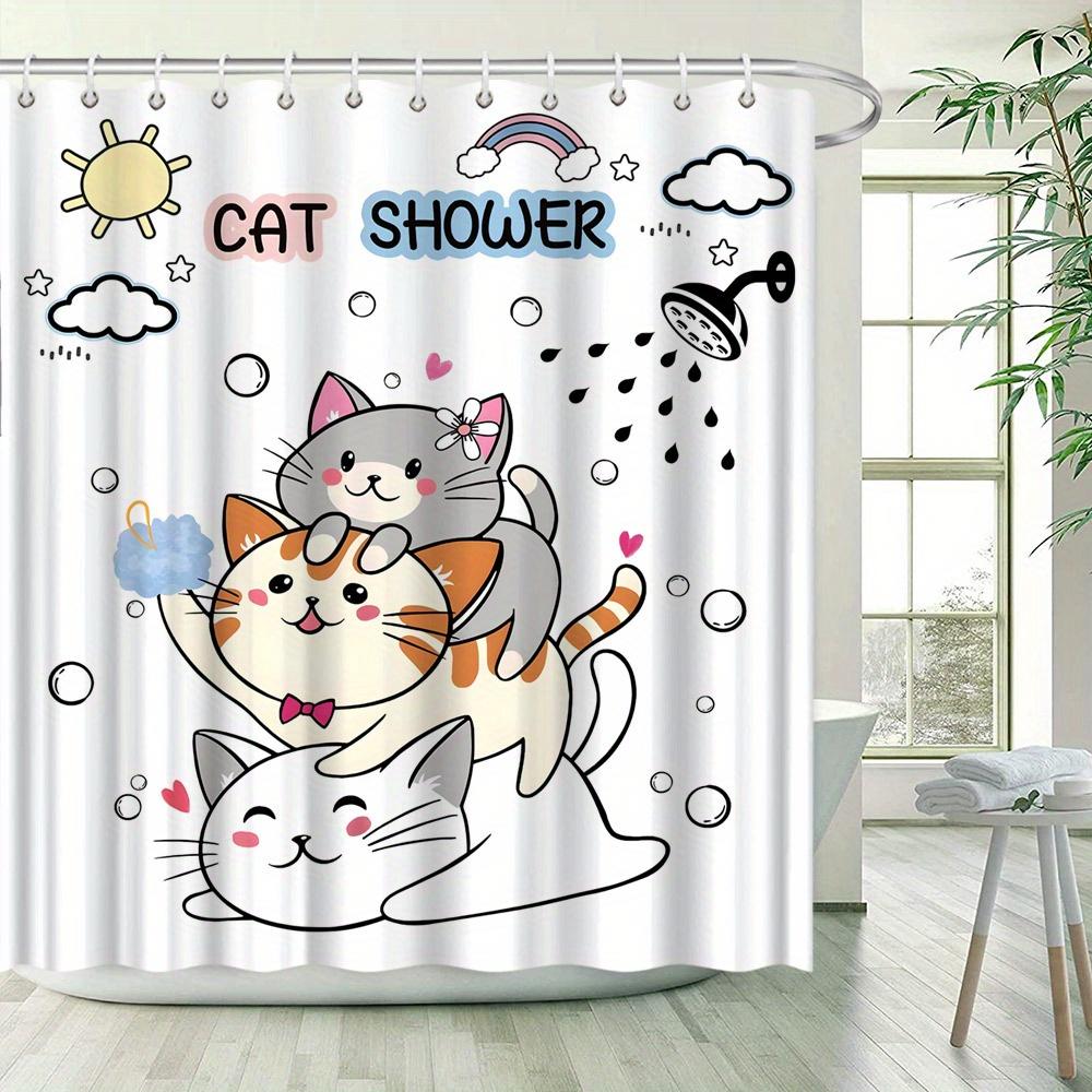 Cute Cat Shower Curtain Playful Cartoon Cats Rainbow Hearts Design Vibrant Cat Shower Theme Polyester Easy Clean With Hooks