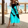Rochie de Damă la Modă cu Gât Rotund, Imprimată cu Model Floral, Mânecă Scurtă, Decupaj Lateral, Rochie Casual de Vacanță, Rochie Lungă Largă