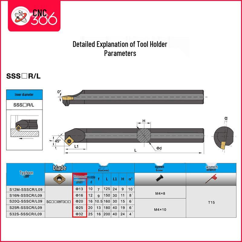45° Screw-In CNC Lathe Tool Holder for Internal Boring - S12M/S16Q/S20R-SSSCR09
