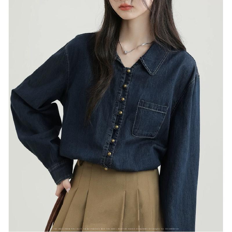 2026 Spring and Autumn New Style POLO Collar Vintage Long Sleeve Denim Shirt for Women, Loose Fit Shirt Jacket