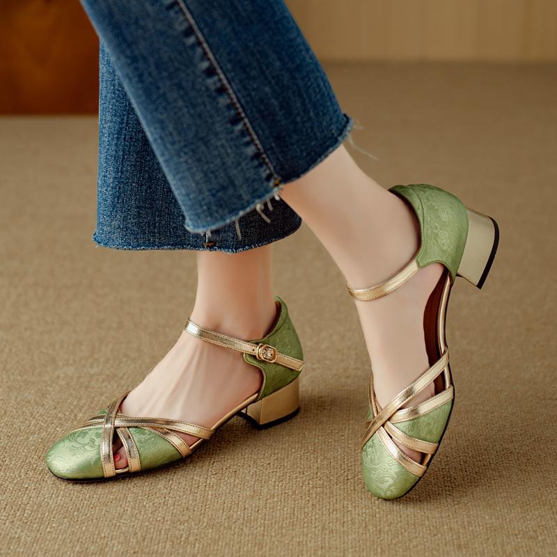 Fashion Women's New Spring/Summer Round Head Genuine Leather Leather Bag with Colored Mid Heel and Large Elastic Headed Muller Sandals