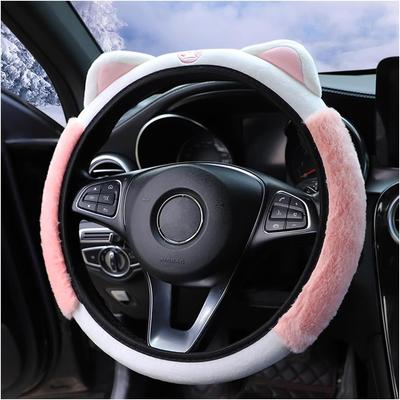 Car Steering Wheel Cover, Fluffy Soft Plush For Winter Warm, Cute Steering Wheel Protector With Kitty Cat Ears, Universal 15 Inch, Elastic &