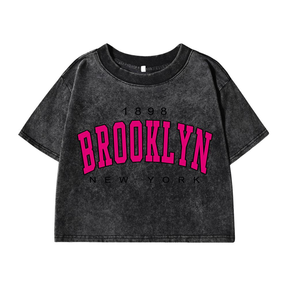 Womans Cotton Crop Tops Distressed Regular Fit Washed T-Shirts Brooklyn, New York Printing Tees Street Female Clothes