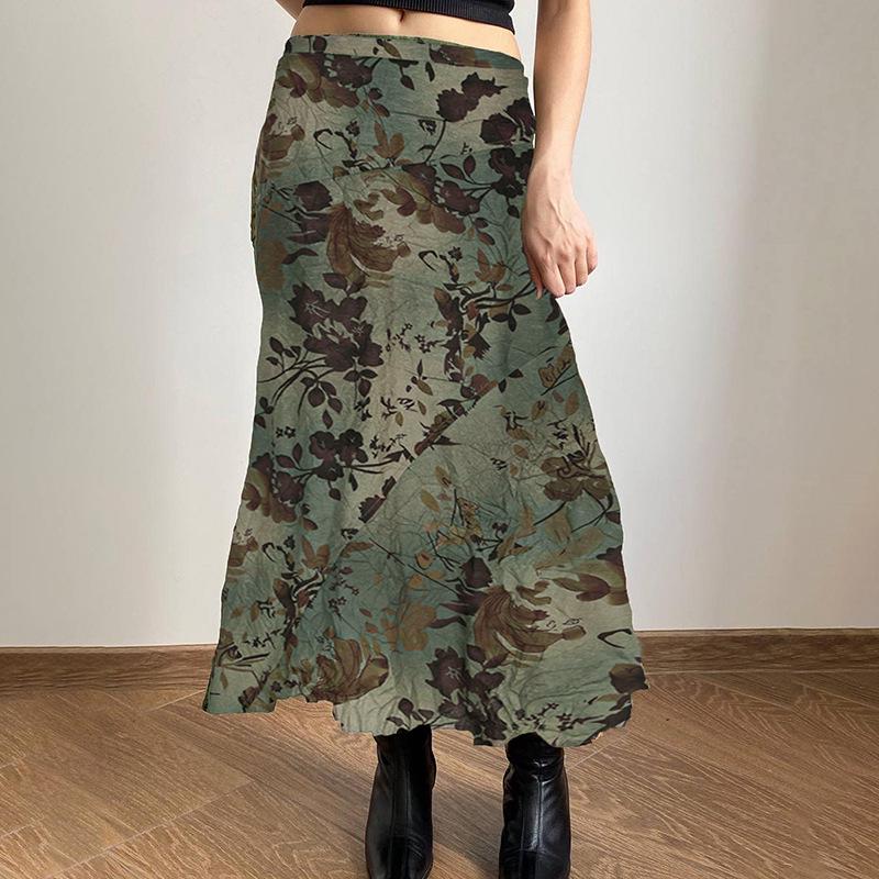 Mori Style Retro Print High Waist Pleated A-line Skirt for Women