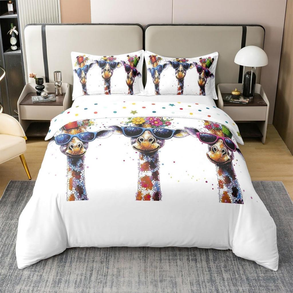 Funny Cute Giraffe Duvet Cover Boys Girls Single Size, Zoo Animal Bedding Set Hipster Style Comforter Cover Set and Pillowcases