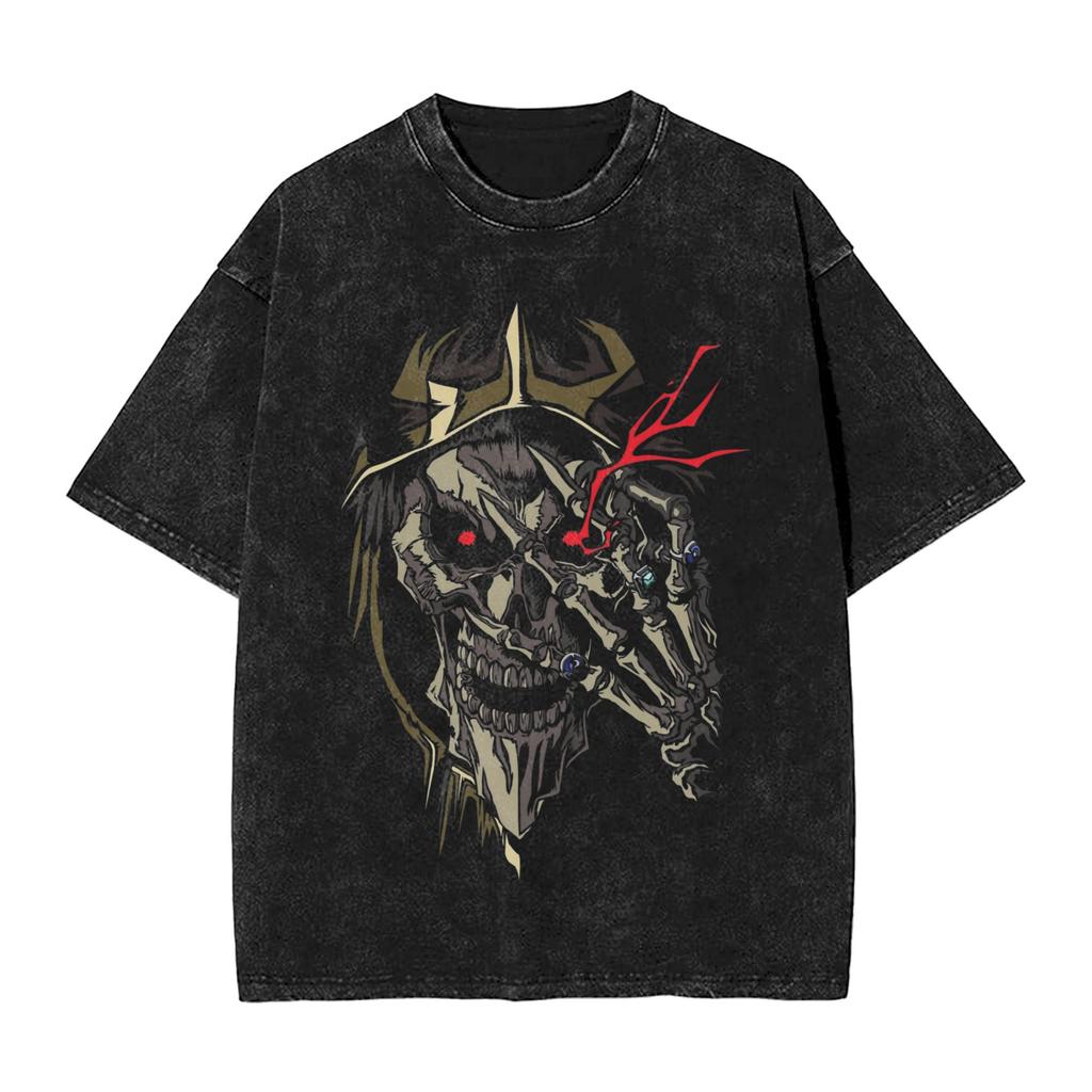 OVERLORD Skull T-shirt Manga Graphic Print T Shirt Men Women Clothes Short Sleeve Tees Tops Washed Oversized Pure Cotton Tshirt
