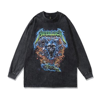 Men'S Top Ins American High Street Retro Skull Print 250G Pure Cotton Crew Neck Sweater For Men And Women