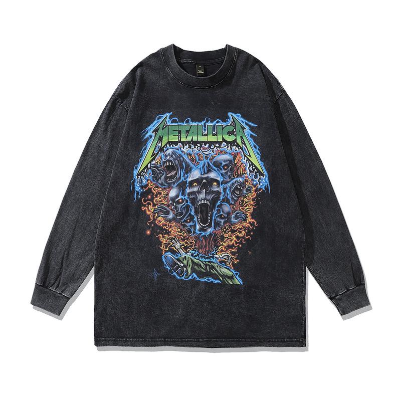 Men'S Top Ins American High Street Retro Skull Print 250G Pure Cotton Crew Neck Sweater For Men And Women