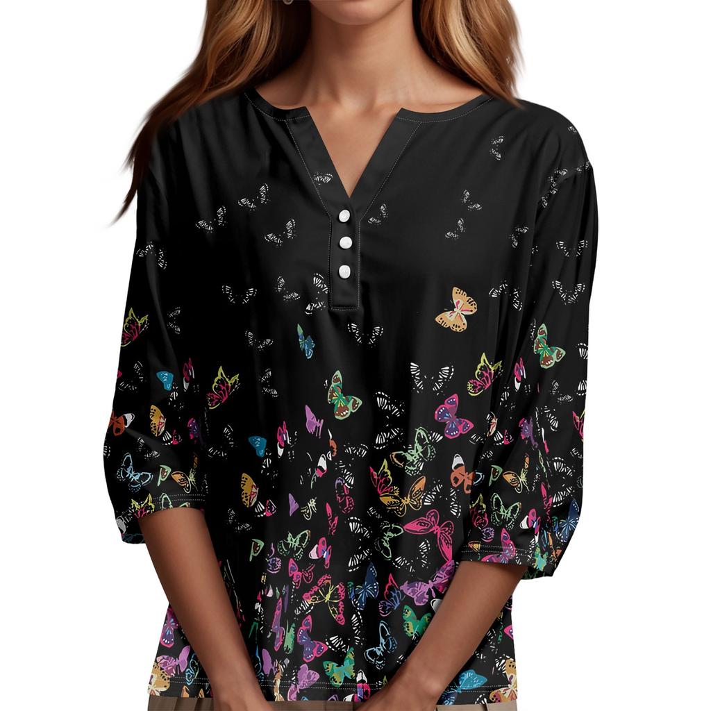 Women's T Shirt Tee Print Button  3/4 SleeveDaily Weekend Fashion Basic V- Neck Regular Top