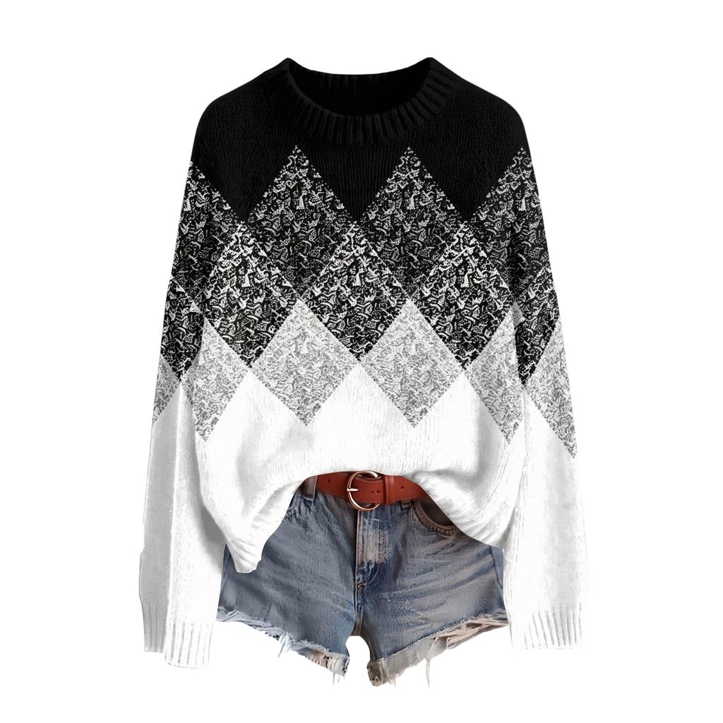 Women's Fall Winter Neck Long Sleeve Sweater - Soft Knit Printed Pullover