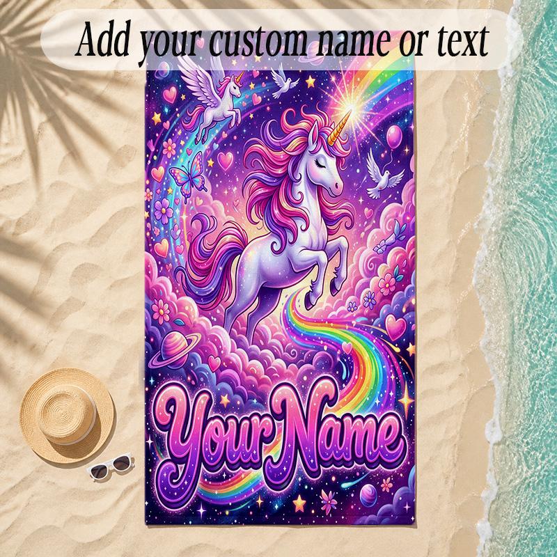 Unicorn Theme Soft Beach Towel Personalized Custom Name Text Towel Portable for Beach Pool Travel