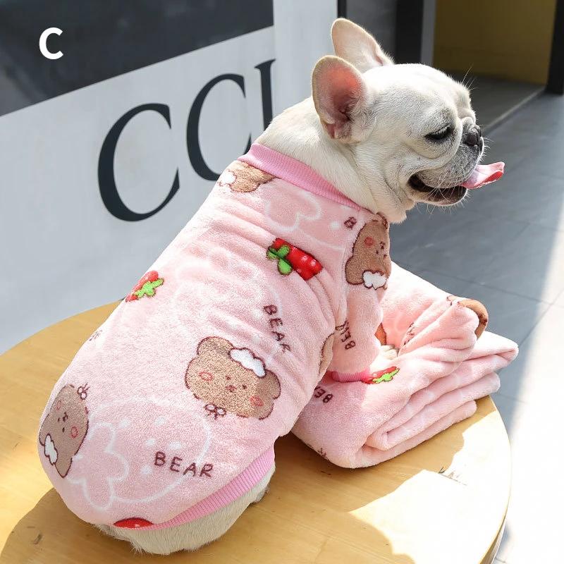 Warm Velvet Clothing Strawberry Bear Print French Bulldog Plaid Vest Clothing Supplies Pitbull Chihuahua Puppy Accessories