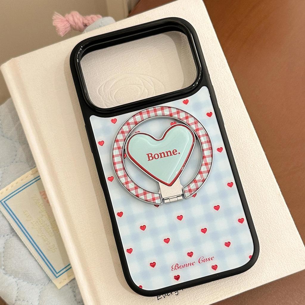 Niebieskie Kratkowane Etui na Telefon z Serduszkowym Stojakiem dla iPhone 16, iPhone 17, iPhone 17 Pro Max