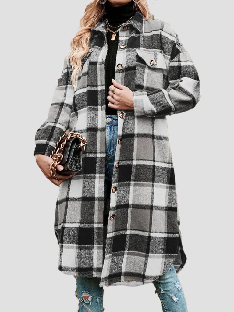 Women's Mid-Length Plaid Long Sleeve Loose Woolen Coat for Autumn/Winter, Plus Size