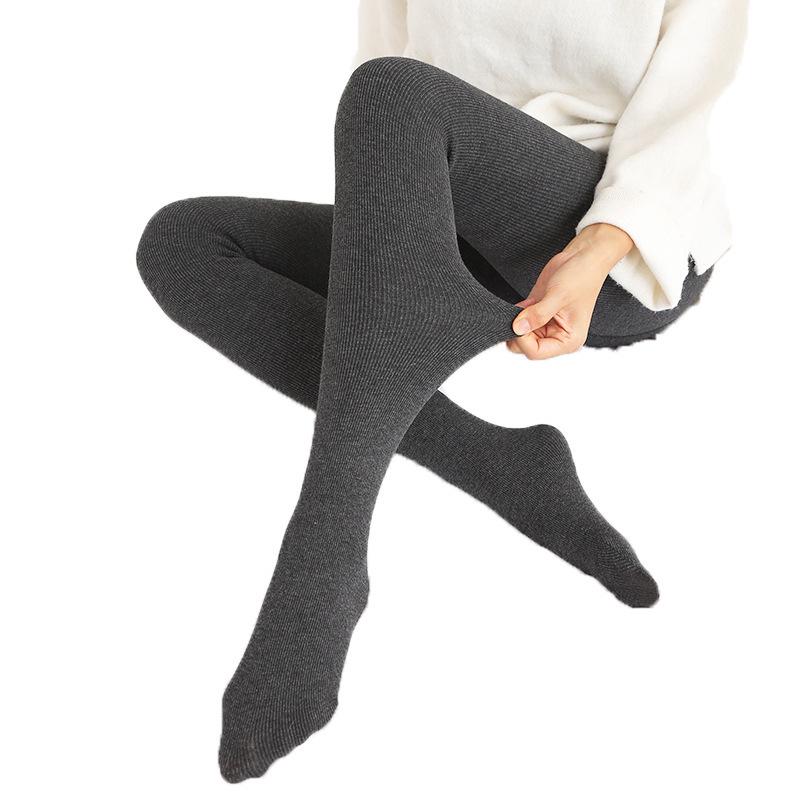 Dámské bavlněné pruhované legíny plus size s hřejivým sametem - Podzim/Zima Jednodílné kalhoty step-on s designem malého medvídka