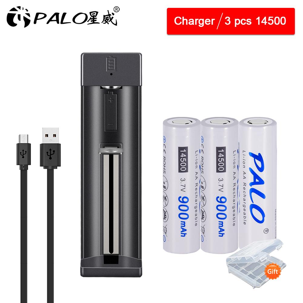 PALO 3.7V 14500 AA Li-ion Rechargeable Batteries 900mAh for LED Flashlight+charger for 14500 18650 16350 18500 Etc Battery