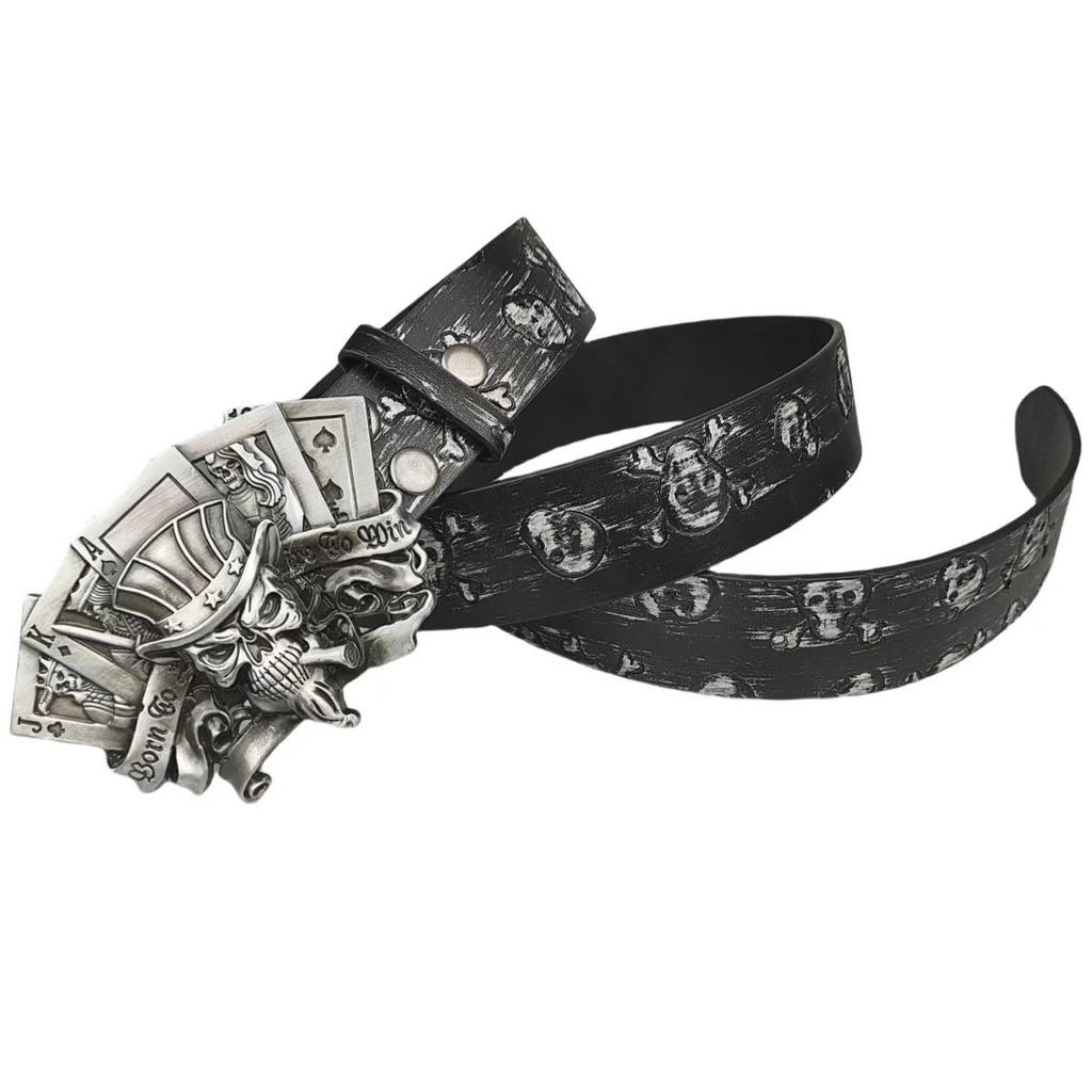 Trendy Skull Alloy Silver Buckle Embossed Belt Playing Card Buckle Fashion Youth Trouser Belt