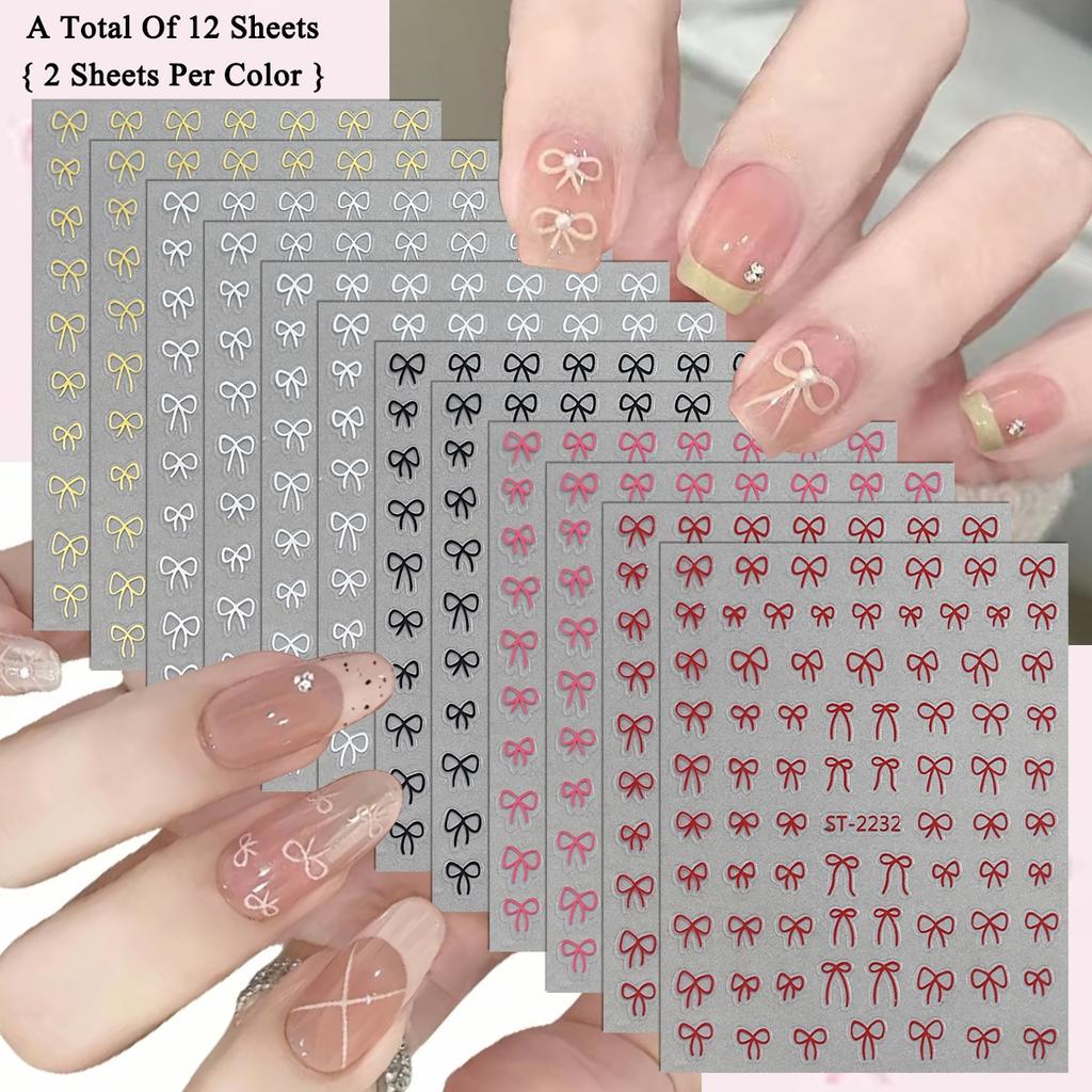2 To 30 Sheets Transparent Bow Nail Stickers 3D White Pink Black Gold Lace Ribbon Nail Art Decals for DIY Manicure