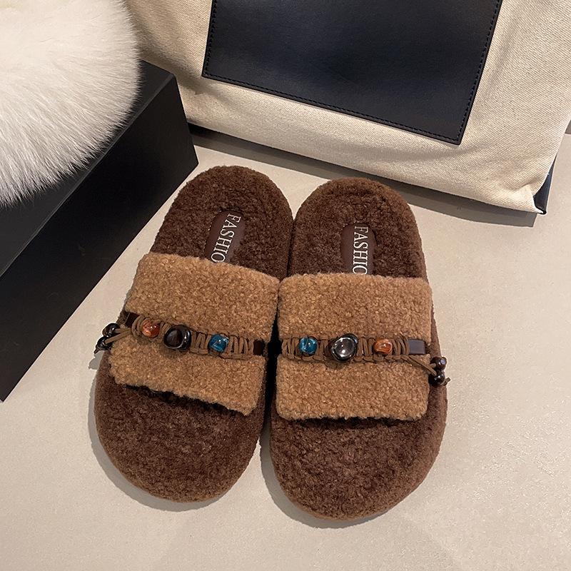 2025 nowe damskie buty buty z wełny jagnięcej kręcone włosy nosić kok klapki jednopasek buty na platformie aksamit bawełna mop