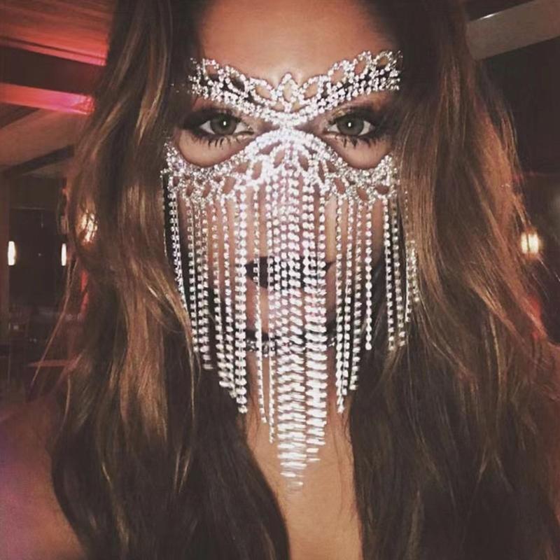 Tassel Veil Mask for Rhinestone Mask Chain Masquerade Face Mask for Creative Crystal Cats Eye Fringe Mask with Elasti