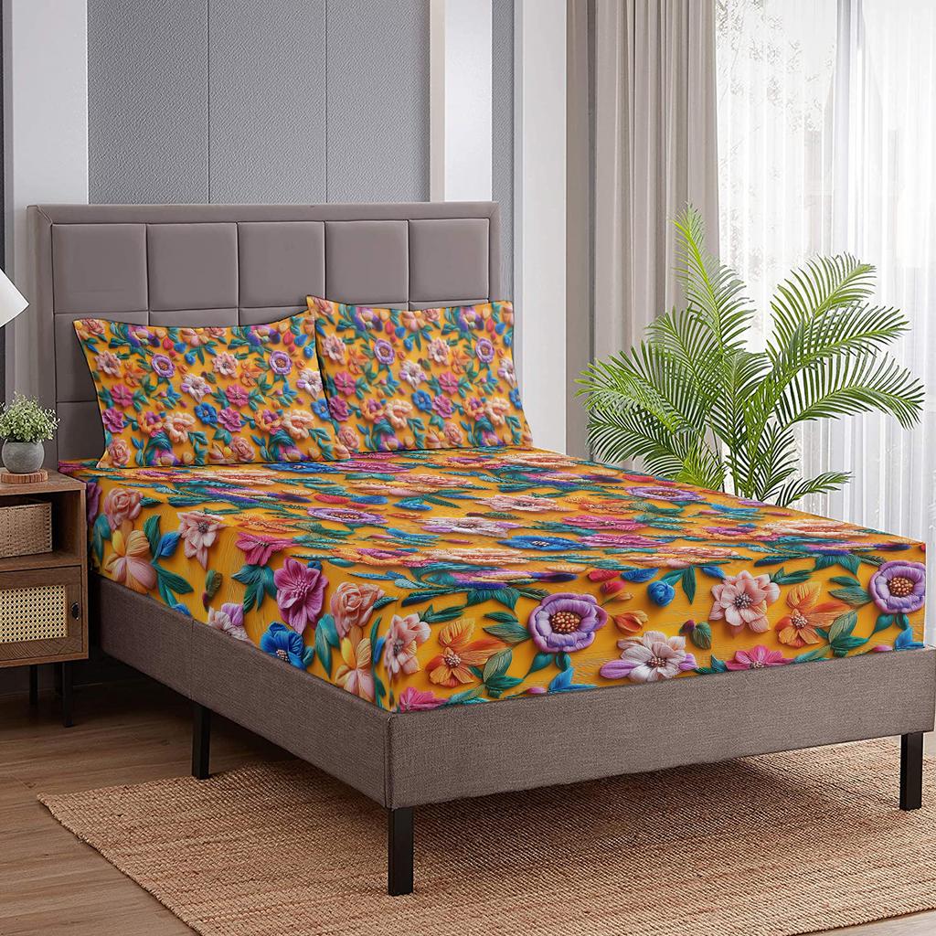 3-teiliges Bettset mit gestickten 3D-Blumen, mit 2 Kissenbezügen, geeignet für Wohn- und Schlafzimmer (Paare, Romantisch)