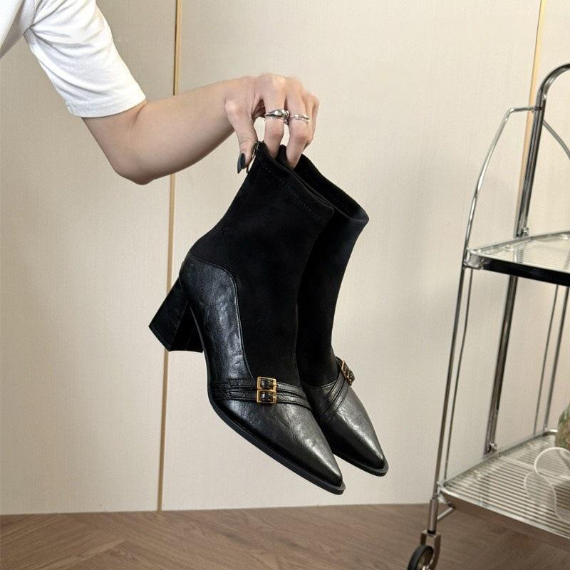 Retro style pointed thick heel short boots women's new versatile fashion high heel elastic thin boots rear zipper
