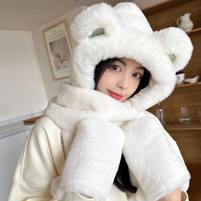 

Женский зимний милый комплект шарф-капюшон с ушками, перчатки и плюшевые наушники с пайетками белый