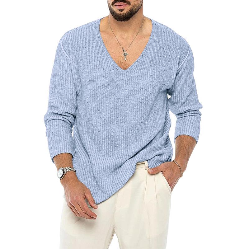 Men's V-Neck Solid Color Long Sleeve Knit Sweater - Autumn/Winter Fashion