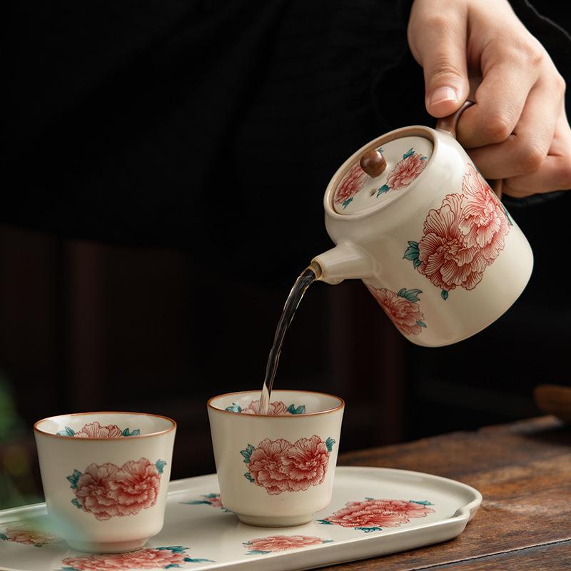 Retro Peony Flower Ceramic Teapot: Anti-Scald Design, Straight Body, Kung Fu Tea Set