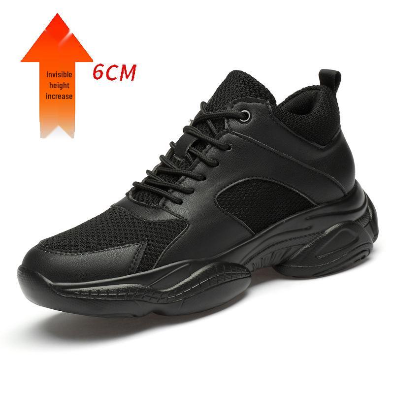 Spring Men s Flyknit Shoes: Fashionable 8CM Height-Boosting Cowhide Patchwork Sneakers 36
