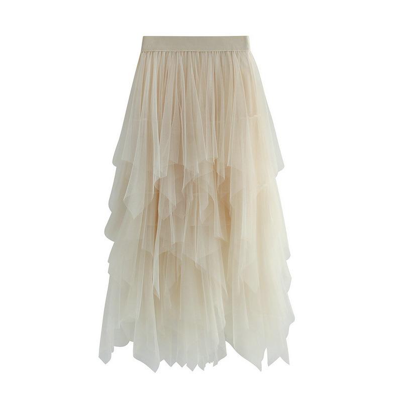 Damen Frühling Asymmetrischer Mesh Midi Rock - Hohe Taille Transparente Einsätze Schlankmachender Rock mit Fließendem Lagen-Design
