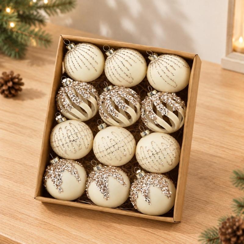 12-Piece Christmas Bauble Set, Soft-Texture Ball Decorations with Decorative Motifs and Top Rings for Holiday Tree Displays