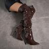 Women's Pointed-toe Leather High-heeled Boot Knee-length Boots Over Knee Boots Brown Personality Boots